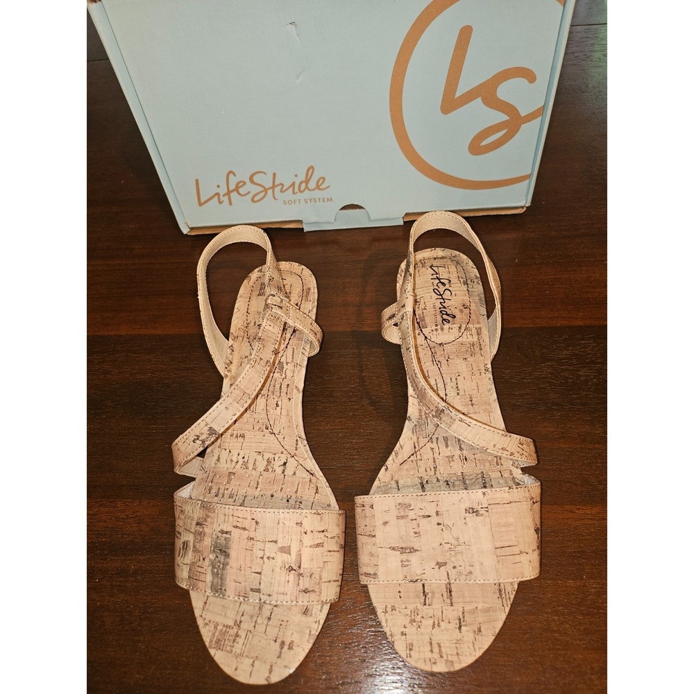 Life Stride Cork-Patterned Tan Beige Strappy Sandals